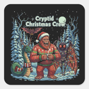 Funny Cryptid Christmas Crew Bigfoot, Mothman Square Sticker