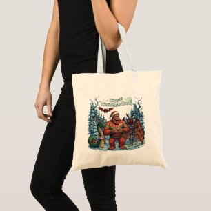 Funny Cryptid Christmas Crew Bigfoot, Mothman Tote Bag