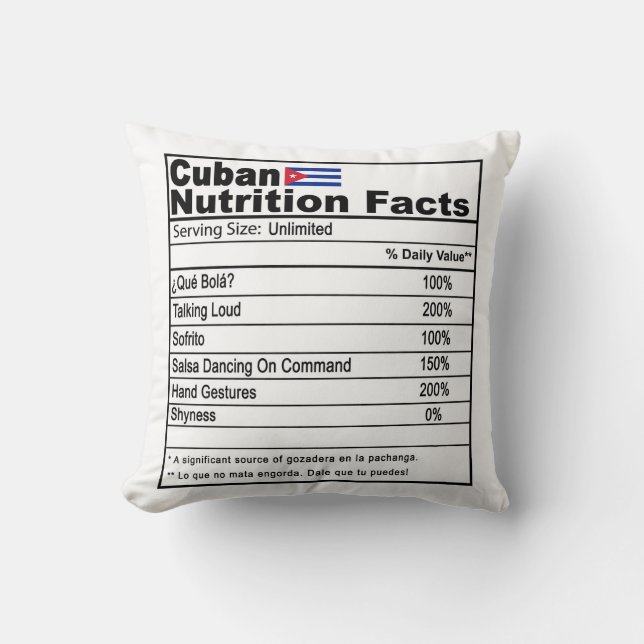 Funny Cuban Nutrition Fact Pillow, Home Decor Cushion (Front)