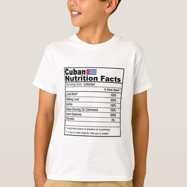 Funny Cuban Nutrition Fact T-Shirt for Kids (Front)