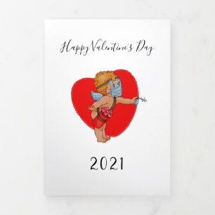 funny cupid mask covid 2021 heart valentine photo Tri-Fold holiday card
