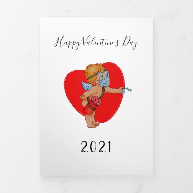 funny cupid mask covid 2021 heart valentine photo Tri-Fold holiday card (Cover)