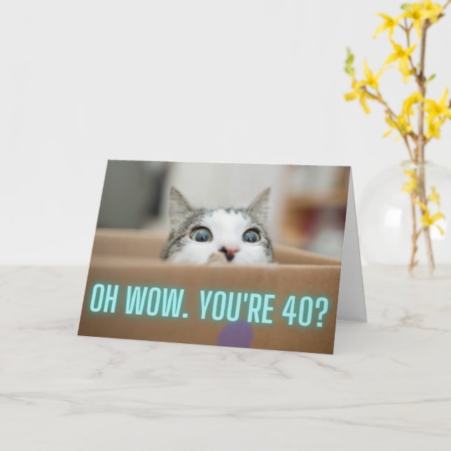 Funny Curious Cat 40th Birthday   Card (Yellow Flower)