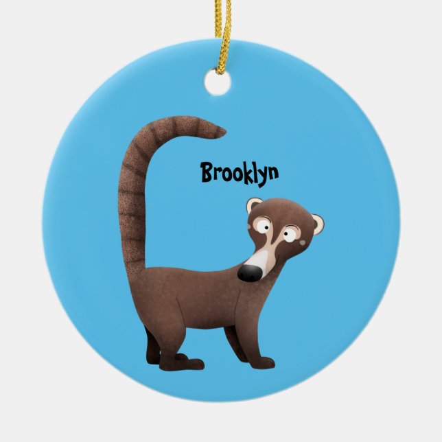 Funny curious coatimundi cartoon illustration ceramic tree decoration (Front)