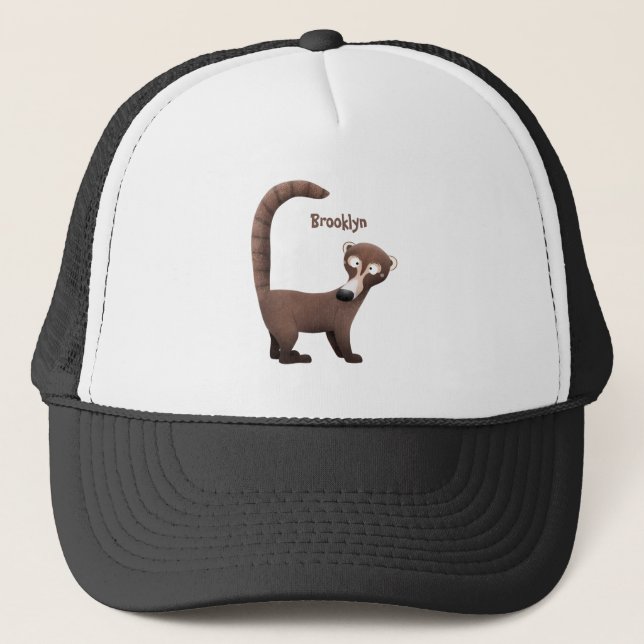 Funny curious coatimundi cartoon illustration trucker hat (Front)