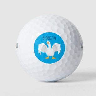 Funny curious domestic goose cartoon illustration golf balls