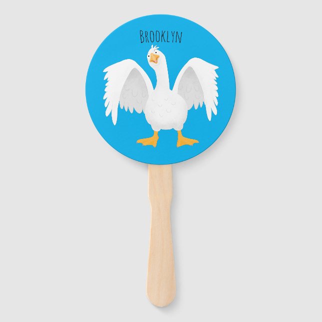 Funny curious domestic goose cartoon illustration hand fan (Front)