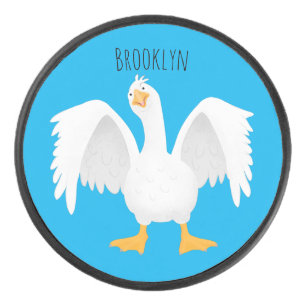 Funny curious domestic goose cartoon illustration hockey puck