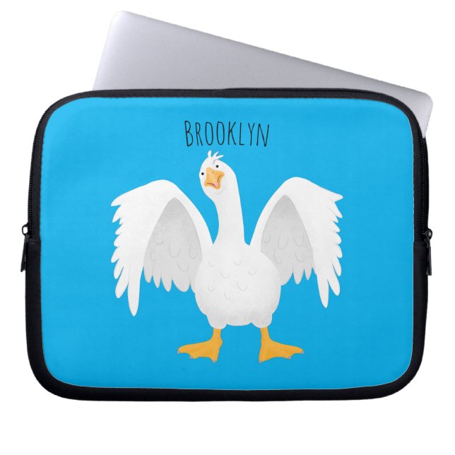 Funny curious domestic goose cartoon illustration laptop sleeve (Front)