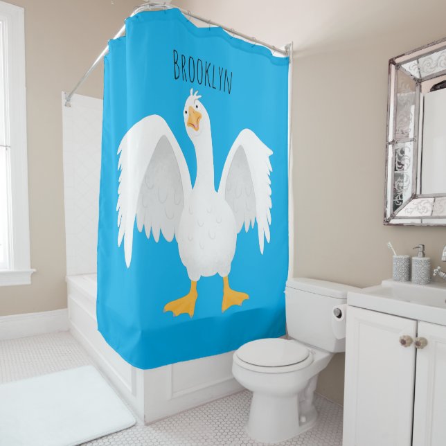 Funny curious domestic goose cartoon illustration shower curtain (In Situ)