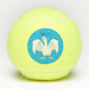 Funny curious domestic goose cartoon illustration tennis balls