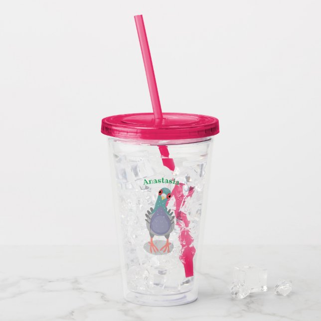 Funny curious pigeon cartoon illustration acrylic tumbler (Front Ice)