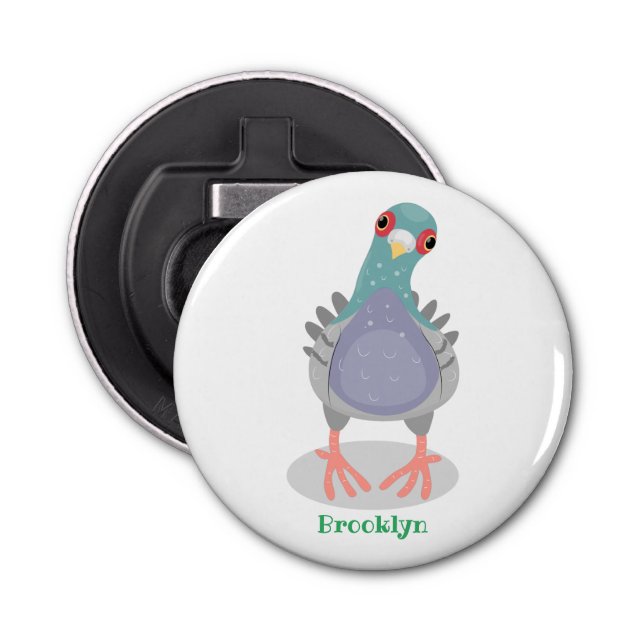 Funny curious pigeon cartoon illustration bottle opener (Front)