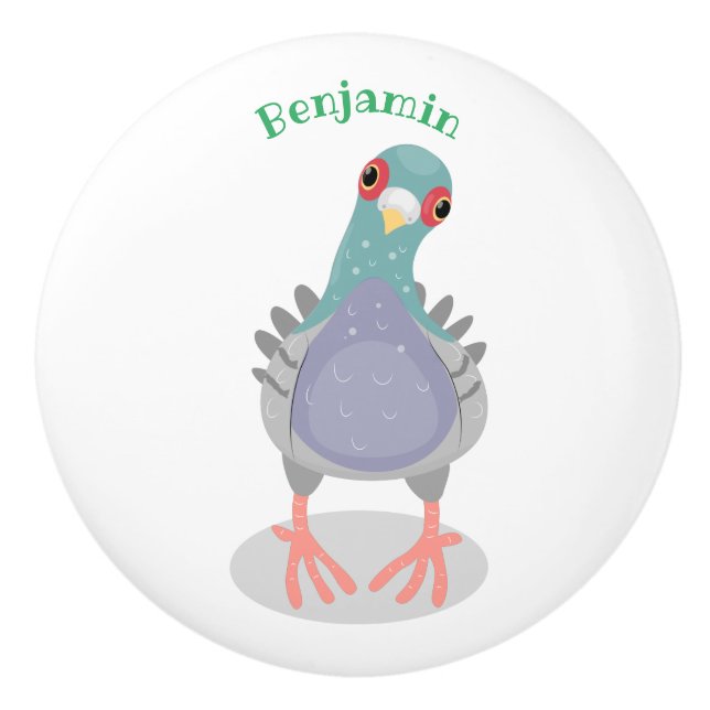 Funny curious pigeon cartoon illustration ceramic knob (Front)