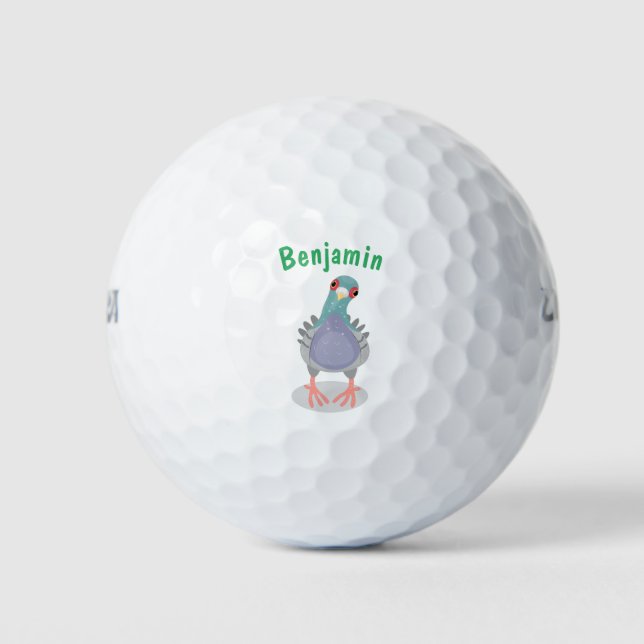 Funny curious pigeon cartoon illustration golf balls (Front)