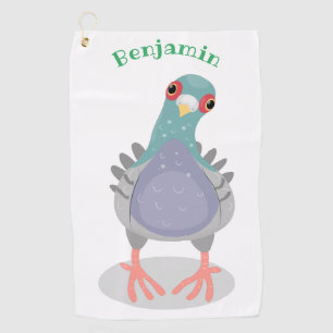 Funny curious pigeon cartoon illustration golf towel