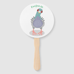 Funny curious pigeon cartoon illustration hand fan