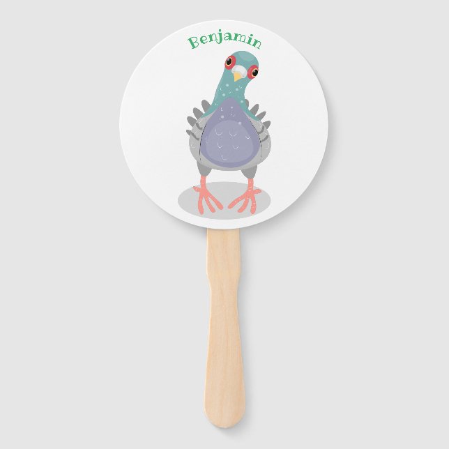 Funny curious pigeon cartoon illustration hand fan (Front)