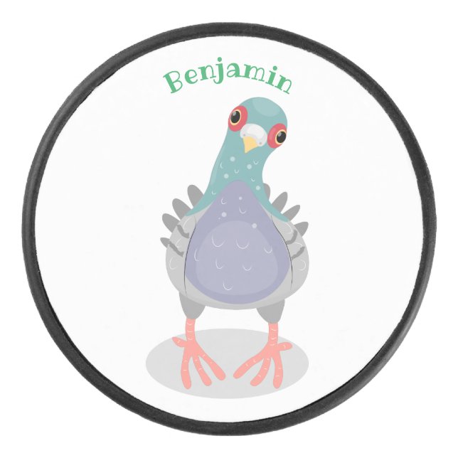 Funny curious pigeon cartoon illustration hockey puck (Front)