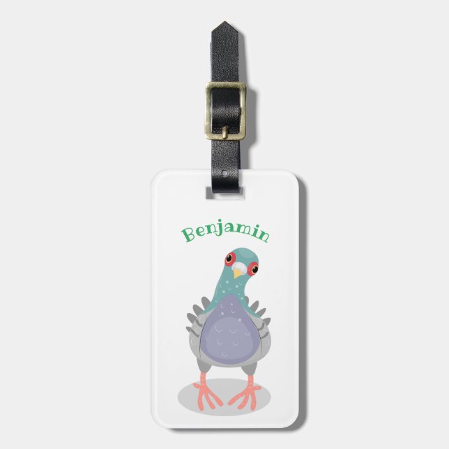 Funny curious pigeon cartoon illustration luggage tag (Front Vertical)