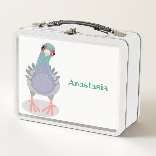 Funny curious pigeon cartoon illustration metal lunch box (Front)
