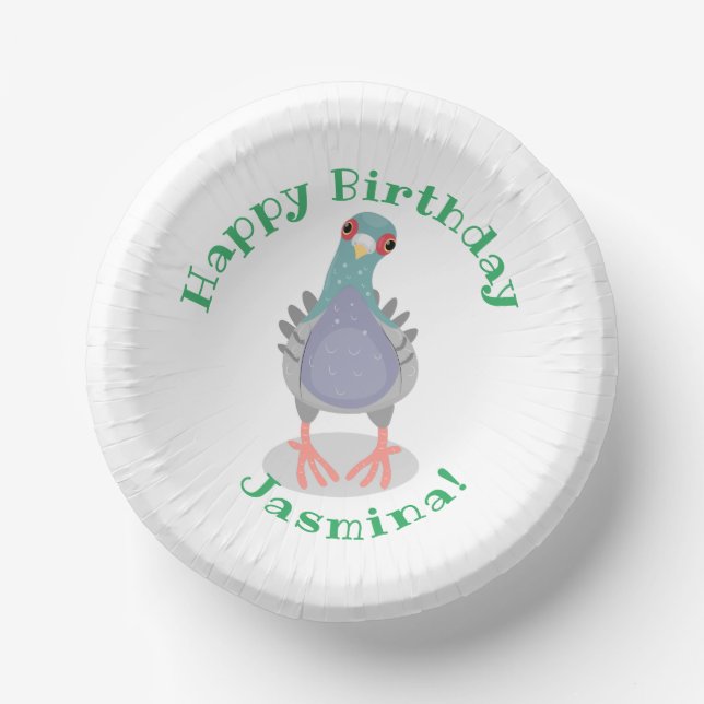 Funny curious pigeon cartoon illustration paper plate (Front)