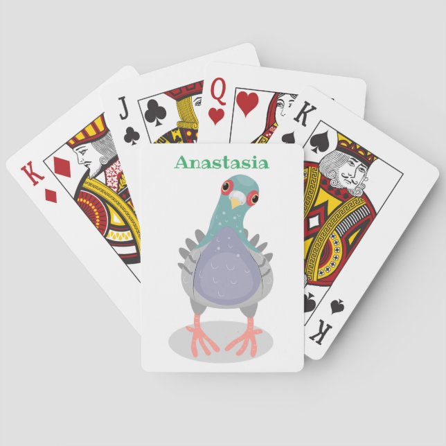 Funny curious pigeon cartoon illustration playing cards (Back)