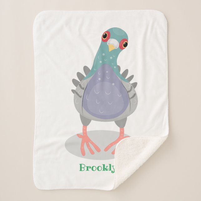 Funny curious pigeon cartoon illustration  sherpa blanket (Front)