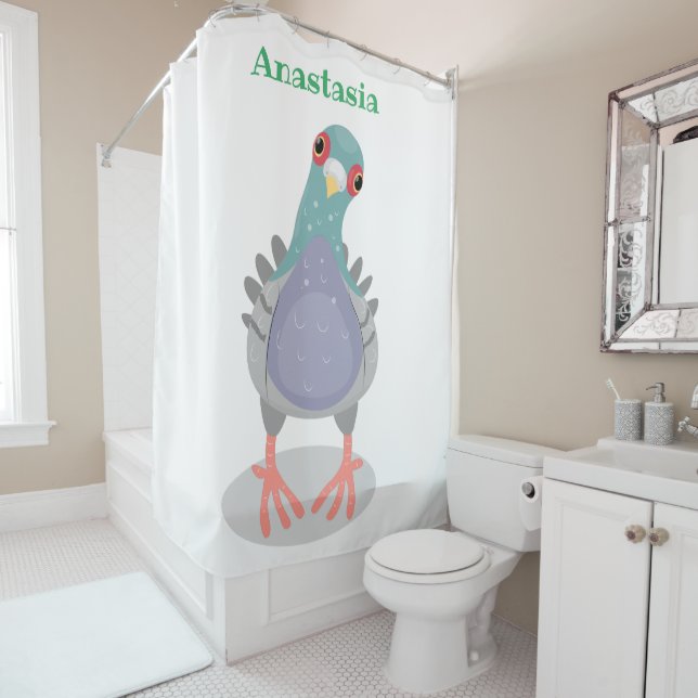 Funny curious pigeon cartoon illustration shower curtain (In Situ)