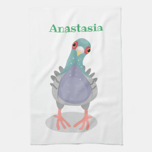 Funny curious pigeon cartoon illustration tea towel