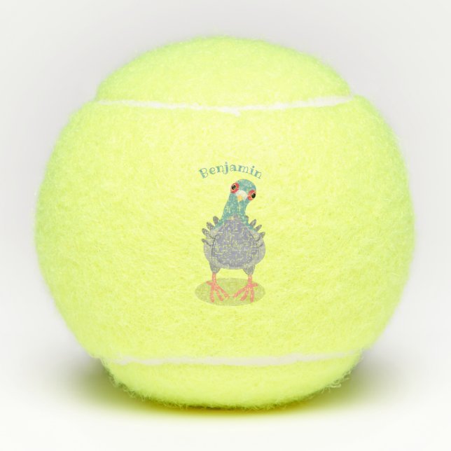Funny curious pigeon cartoon illustration tennis balls (Front)
