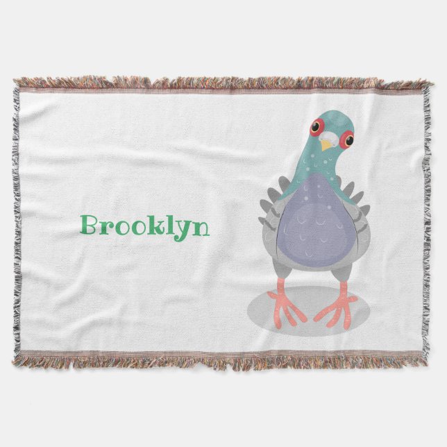 Funny curious pigeon cartoon illustration throw blanket (Front)