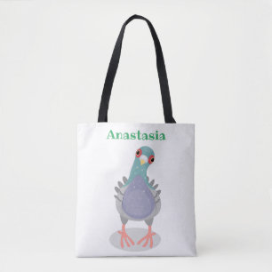 Funny curious pigeon cartoon illustration tote bag