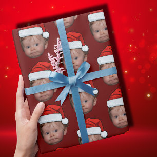 Funny Custom Baby Face Photo Santa Hat Christmas Wrapping Paper