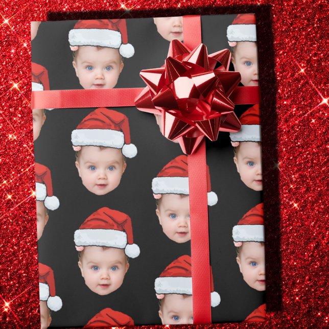 Funny Custom Baby Face Photo Santa Head Xmas Black Wrapping Paper (Creator Uploaded)