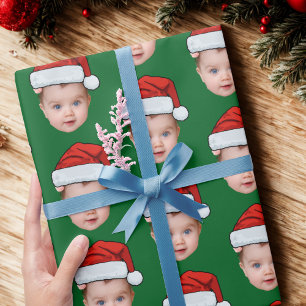 Funny Custom Baby Face Photo Santa Head Xmas Green Wrapping Paper