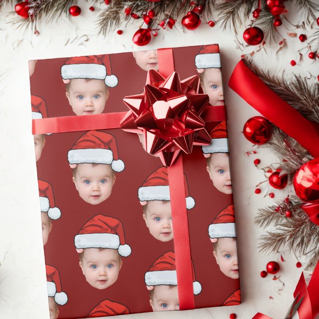 Funny Custom Baby Face Photo Santa Head Xmas Red Wrapping Paper (Creator Uploaded)