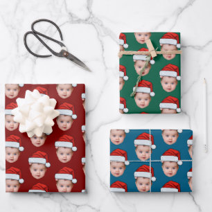 Funny Custom Baby Face Photo Santa Head Xmas Red Wrapping Paper Sheet