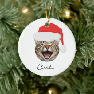 Funny Custom Cat Face & Name Santa Christmas Ceramic Tree Decoration