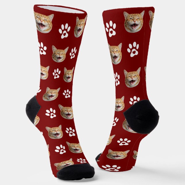 Funny Custom Cat Photo with Paw Pattern Red Socks (Angled)