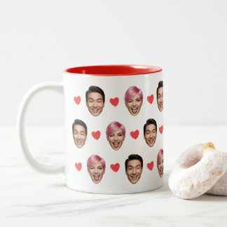 Funny Custom Couple Faces Pattern Red Hearts Two-Tone Coffee Mug
