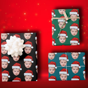 Funny Custom Cute Baby Face Photo Santa Head Xmas Wrapping Paper Sheet