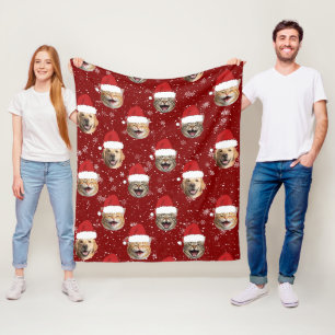 Funny Custom Dog Cat 3 Faces Christmas Santa Hats Fleece Blanket