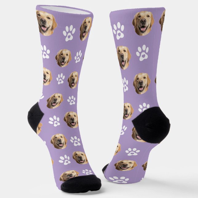 Funny Custom Dog Photo with Paw Pattern Purple Socks (Angled)