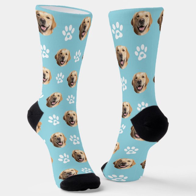 Funny Custom Dog Photo with Paw Pattern Turquoise Socks (Angled)