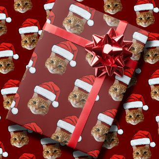 Funny Custom Face Cat Photo Santa Hat Christmas Wrapping Paper