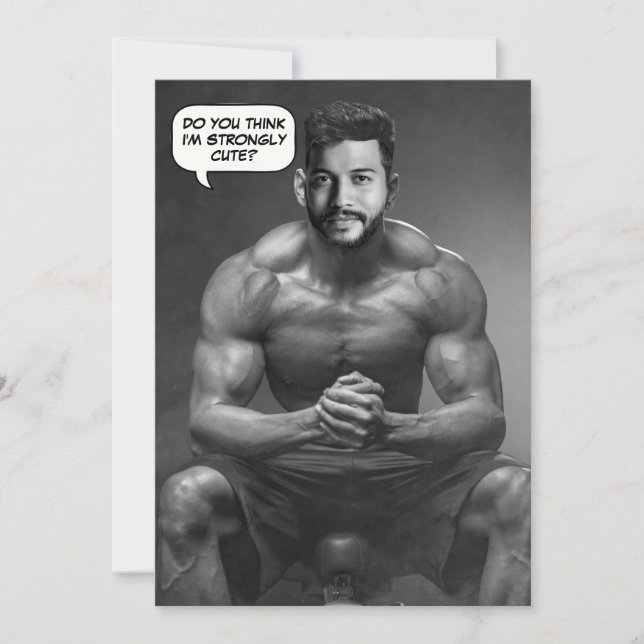 Funny custom face in hole body builder photo invitation (Front)