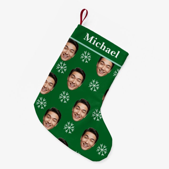Funny Custom Face & Name Green Snowflake Small Christmas Stocking (Front (Hanging))