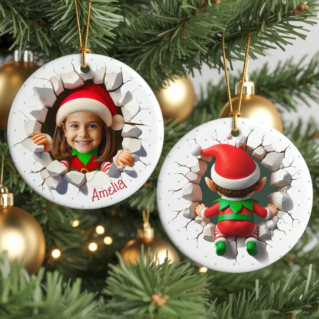 Funny Custom Face Photo Christmas Elf Name Holiday Ceramic Tree Decoration (Funny custom face photo crashing Christmas elf personalized name cute keepsake holiday ornament gift)