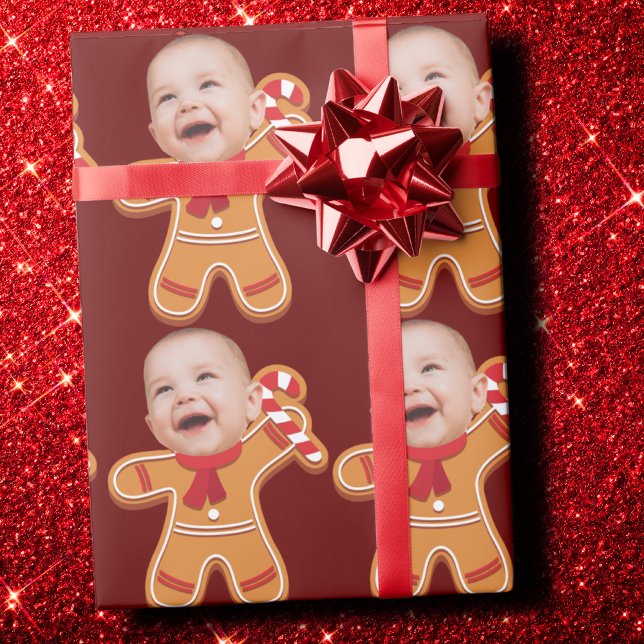 Funny Custom Face Photo Gingerbread Xmas baby Wrapping Paper (Creator Uploaded)